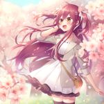  1girl :d amane_kurumi bag black_legwear blue_sky blurry blurry_foreground blush breasts brown_eyes cherry_blossoms collarbone commentary_request day depth_of_field dress flower grey_jacket hair_flower hair_ornament hair_ribbon hand_up jacket long_hair long_sleeves looking_away open_clothes open_jacket open_mouth original outdoors petals pink_flower red_hair ribbon shoulder_bag sky small_breasts smile solo standing thighhighs tree two_side_up very_long_hair white_dress white_ribbon wind 