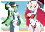  2019 anthro ball beach beach_ball big_breasts bikini braixen breasts butt canid clothed clothing cosplay duo female fur gardevoir hair hi_res humanoid looking_at_viewer looking_back lucyfercomic mammal may_(pok&eacute;mon) nintendo pok&eacute;mon pok&eacute;mon_(species) rosa_(pok&eacute;mon) seaside smile swimsuit video_games 