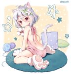  1girl animal_ear_fluff animal_ears antenna_hair backless_dress backless_outfit bangs bare_back bare_shoulders blush brown_background cat_ears cat_girl cat_tail commentary_request dress eyebrows_visible_through_hair flower gloves hair_between_eyes hair_flower hair_ornament halterneck hand_up kemonomimi_mode kokkoro_(princess_connect!) looking_at_viewer looking_to_the_side mauve meme_attire naked_sweater paw_gloves paw_shoes paws pillow pink_sweater pointy_ears polka_dot polka_dot_background polka_dot_pillow princess_connect! princess_connect!_re:dive ribbed_sweater shoe_soles shoes short_hair silver_hair sitting solo star sweater sweater_dress tail turtleneck turtleneck_sweater twitter_username two-tone_background virgin_killer_sweater wariza white_background white_flower white_gloves yarn yarn_ball 
