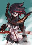  1girl ban black_hair blue_eyes blush breasts from_above junketsu kill_la_kill looking_at_viewer looking_up matoi_ryuuko medium_breasts miniskirt multicolored_hair navel pauldrons red_hair serious sketch skirt solo standing two-tone_hair underboob weapon wind 