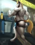  anthro bulge butt clothing equid equine horse jockstrap male mammal obaum open_mouth running slightly_chubby solo thick_thighs treadmill underwear 