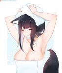  1girl absurdres animal_ears armpits arms_up black_hair breasts cleavage closed_mouth collarbone eyebrows_visible_through_hair eyes_closed fox_ears fox_tail highres large_breasts naked_towel original patreon_logo patreon_username reiko_(tofuubear) short_hair solo tail tofuubear towel upper_body wet 