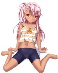  1girl arm_support bangs bare_arms bare_shoulders barefoot bike_shorts black_shorts cameltoe camisole chloe_von_einzbern closed_mouth commentary_request dark_skin eyebrows_visible_through_hair fate/kaleid_liner_prisma_illya fate_(series) full_body hair_between_eyes ki_(kk-sk-ray) legs long_hair navel one_side_up pink_hair red_eyes shadow short_shorts shorts sitting smile solo striped striped_camisole toenails very_long_hair wariza white_background 