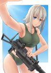  1girl armpits blue_eyes breasts cleavage commentary cowboy_shot eyebrows eyebrows_visible_through_hair firearm girls_frontline gun highres jpc looking_at_viewer medium_breasts pp-19_(girls_frontline) pp-19_bizon silver_hair simple_background sling_(weapon) smile solo sports_bikini standing submachine_gun suppressor sweat weapon 