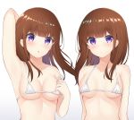  1girl 2girls arm_up armpits bangs bare_arms bare_shoulders bikini blunt_bangs blush breasts brown_hair cleavage closed_mouth collarbone commentary eyebrows_visible_through_hair gradient gradient_background grey_background head_tilt highres long_hair looking_at_viewer medium_breasts micro_bikini multiple_girls original purple_eyes seventeen_(st17215) swimsuit tongue tongue_out upper_body white_background white_bikini 