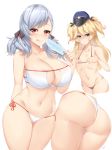  2girls ;d ass bikini blonde_hair blue_eyes breasts embarrassed food girls_frontline hair_ribbon kuavera large_breasts long_hair looking_at_viewer micro_bikini multiple_girls one_eye_closed open_mouth popsicle red_eyes ribbon silver_hair small_breasts smile spas-12_(girls_frontline) super_shorty_(girls_frontline) swimsuit thick_thighs thighs tongue twintails two_side_up wide_hips 