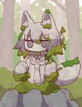  1girl animal_ear_fluff animal_ears bangs bell bell_collar bush collar commentary_request day eyebrows_visible_through_hair forest fox_ears fox_girl fox_tail hair_between_eyes hair_bun hair_ornament highres jingle_bell kemomimi-chan_(naga_u) long_hair long_sleeves moss naga_u nature original outdoors sailor_collar sleeves_past_fingers sleeves_past_wrists solo statue tail tree 