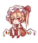  1girl anger_vein ascot bangs blonde_hair blush chibi commentary_request crystal eyebrows_visible_through_hair flandre_scarlet full_body hair_between_eyes hands_up hat hat_ribbon head_rest jitome knees_up long_hair lowres mob_cap one_side_up red_eyes red_ribbon red_skirt red_vest ribbon simple_background sitting skirt skirt_set snozaki solo touhou vest white_background white_headwear wings yellow_neckwear 
