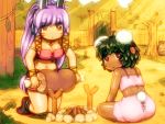  2girls animal_ears breasts brown_eyes bunny_ears bunnygirl cleavage dark_skin food green_hair inaba_tewi long_hair navel necklace ponytail purple_hair reisen_udongein_inaba shirosato short_hair shorts tail tattoo touhou tree wristwear 