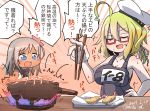  2girls ahoge aoba_(akibajun) blonde_hair blue_eyes chibi chopsticks commentary_request eyes_closed fire flower food frying_pan glasses hair_flower hair_ornament hand_on_hip hat highres holding holding_chopsticks i-8_(kantai_collection) kantai_collection long_hair low_twintails multiple_girls name_tag one-piece_swimsuit open_mouth peaked_cap red-framed_eyewear ro-500_(kantai_collection) sailor_collar sailor_hat school_swimsuit semi-rimless_eyewear shrimp shrimp_tempura swimsuit swimsuit_under_clothes tan tempura translation_request twintails under-rim_eyewear 