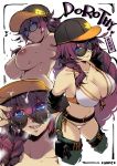  1girl adjusting_eyewear arm_behind_back artist_name baseball_cap belt bikini blue_eyes braid breasts buckle chaps character_name cleavage dorothy_(sinoalice) fingernails front-tie_top hat large_breasts long_hair looking_at_viewer mibry_(phrysm) multiple_views nipples open_mouth pouch purple_hair simple_background sinoalice smile solo suggestive_fluid sunglasses swimsuit white_background white_bikini 