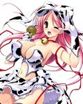  animal_print bell bow breasts cow_print frills gloves hair_bow jingle_bell large_breasts long_hair microphone misakura_nankotsu navel one_eye_closed original pink_eyes pink_hair simple_background skirt solo sweat thighhighs tongue 