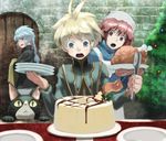  2girls :&lt; blonde_hair blue_eyes blue_hair braid cake cat chicken_(food) christmas_tree food fork hat iwaya knife multiple_girls open_mouth original plate red_eyes red_hair single_braid slit_pupils 