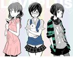  alternate_hairstyle anegasaki_nene animal bob_cut bunny casual copyright_name dress face glasses headphones headphones_around_neck holding holding_animal kobayakawa_rinko love_plus miniskirt multiple_girls pantyhose peg plaid plaid_skirt shirt skirt spot_color takane_manaka vest 