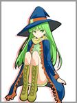  797 bad_id bad_pixiv_id boots cape green_eyes green_hair hat long_hair masou_shizuka rance_(series) sengoku_rance sitting solo witch_hat 