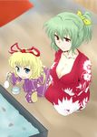  alternate_costume alternate_hairstyle blonde_hair blue_eyes breasts cleavage floral_print goldfish_scooping green_hair hair_ribbon haji_(hajiko) hands_in_opposite_sleeves japanese_clothes kazami_yuuka kimono large_breasts medicine_melancholy multiple_girls ponytail red_eyes ribbon squatting sweatdrop touhou yukata 