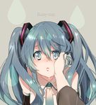  bare_shoulders blue_eyes blue_hair blush detached_sleeves hand_on_another's_face hatsune_miku long_hair necktie pov shuri_(84k) solo_focus staring tears twintails vocaloid water_drop 