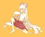  bare_shoulders barefoot fan feet flat_chest food fujiwara_no_mokou full_body hot long_hair minakata_sunao mouth_hold off_shoulder open_clothes open_shirt paper_fan popsicle red_eyes ribbon sarashi shirt simple_background sitting solo spread_legs touhou uchiwa very_long_hair white_hair 