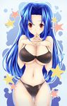  bad_id bad_pixiv_id bikini black_bikini blue_hair blush breast_suppress breasts hands_clasped idolmaster idolmaster_(classic) large_breasts long_hair miura_azusa modern_afro navel own_hands_together red_eyes solo star swimsuit thigh_gap 