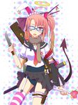  ahoge angel animal_ears arm_garter armband asymmetrical_bangs asymmetrical_clothes asymmetrical_legwear bandaid bangs blue-framed_eyewear bow braid bunny_ears cat_ears chopsticks commentary_request demon_girl demon_tail detached_sleeves earrings eyepatch facial_mark fangs frills garter_straps garters glasses gradient_hair guitar_case gun hair_bow hair_ornament hairpin halo headphones heart holding holster instrument instrument_case jewelry katana knife koumei_(harmonizer) long_hair maid_headdress moe mole mole_under_eye multicolored_hair name_tag one-piece_swimsuit one_side_up open_mouth original pink_hair polka_dot polka_dot_background red_eyes red_hair ribbon scarf school_swimsuit school_uniform serafuku sheath sheathed side_braid single_thighhigh solo standing striped striped_legwear swimsuit swimsuit_under_clothes sword tail thigh_holster thighhighs translated ultimate_moe ume_(koumei) upskirt wand weapon wind wind_lift 