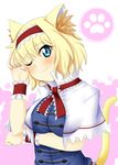  alice_margatroid animal_ears blonde_hair blue_eyes breast_hold breasts capelet cat_ears cat_tail hairband head_tilt kemonomimi_mode md5_mismatch nitoro-star one_eye_closed paw_pose paw_print short_hair smile solo speech_bubble tail touhou white_capelet 