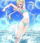  bikini blonde_hair heroman highres jumping lina_davis long_hair long_legs ocean screencap smile solo splashing swimsuit 