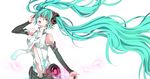  aqua_eyes aqua_hair awa_(houteishiki) belt bridal_gauntlets center_opening elbow_gloves fingerless_gloves gloves hatsune_miku hatsune_miku_(append) highres long_hair music navel necktie open_mouth singing solo twintails very_long_hair vocaloid vocaloid_append 