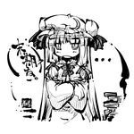  bangs blunt_bangs book_stack bow bowtie greyscale hat long_sleeves looking_at_viewer mob_cap monochrome patchouli_knowledge simple_background solo tokiame touhou white_background 