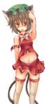  animal_ears brown_hair cat_ears cat_tail chen earrings jewelry kuromiya midriff multiple_tails red_eyes short_hair solo tail thigh_strap thighhighs touhou 
