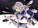  braid danmaku izayoi_sakuya knife maid maid_headdress red_eyes short_hair silve silver_hair solo touhou twin_braids 