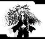  acryl bad_id bad_pixiv_id bow contemporary fire fujiwara_no_mokou greyscale hair_bow long_hair monochrome solo touhou 