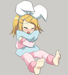  barefoot blonde_hair blush bow closed_eyes duplicate hug kagamine_rin massala open_mouth pajamas pillow short_hair smile solo vocaloid 