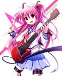  angel_beats! ankle_lace-up bad_id bad_pixiv_id cable cross-laced_footwear fang guitar instrument long_hair pen_(steelleets) pink_eyes pink_hair plectrum school_uniform serafuku solo thigh_strap two_side_up yui_(angel_beats!) 