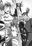  black_frost cerberus_(megami_tensei) comic crossover cu_chulainn_(megami_tensei) english greyscale highres male_focus monochrome morichika_rinnosuke multiple_boys naka-san ose shin_megami_tensei touhou translated 