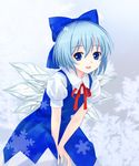  bad_id bad_pixiv_id blue_eyes blue_hair bow cirno hair_bow highres large_bow leaning_forward light_smile looking_at_viewer open_mouth short_hair smile snowflakes solo touhou tucana v_arms wings 
