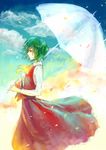  ascot banned_artist cloud green_hair kazami_yuuka long_skirt looking_afar petals profile red_eyes red_skirt ria short_hair sketch skirt skirt_set solo standing touhou umbrella vest wind 