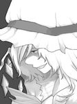  bad_id bad_pixiv_id close-up evil_grin evil_smile face flandre_scarlet greyscale grin hat monochrome piinu smile solo touhou wings 