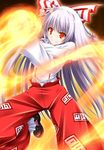  bow fire fujiwara_no_mokou grin hair_bow long_hair nicci red_eyes smile solo suspenders touhou white_hair 