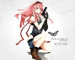  aqua_eyes bad_id bad_pixiv_id boots cuts dancer_in_the_dark_(vocaloid) fingerless_gloves gloves gun hair_ornament hairband hairclip hatsuko injury long_hair megurine_luka pink_hair shorts solo vocaloid weapon 