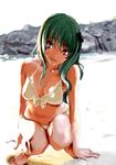  arm_support backlighting barefoot beach bikini face green_hair hair_ornament hands_on_feet kirisato_itsuki kochiya_sanae long_hair oekaki smile solo squatting swimsuit touhou yellow_eyes 