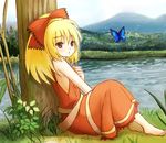  against_tree alternate_costume alternate_hairstyle bare_shoulders barefoot blonde_hair bow bug butterfly eijima_moko grass hair_bow insect kurodani_yamame long_hair nature no_bra ponytail red_eyes river sitting solo touhou tree water 