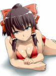  bad_id bad_pixiv_id bikini bow breasts cleavage hair_bow hakurei_reimu hyudora medium_breasts naughty_face red_bikini solo swimsuit touhou 