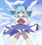  ahoge blue_eyes blue_hair bow cirno crossed_arms dress dress_lift hair_bow ice nogisaka_kushio panties short_hair smirk solo standing striped striped_panties touhou underwear wind wind_lift 