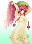  armpits braid breasts frills green_panties hat hips hong_meiling lingerie long_hair medium_breasts midriff mocchi navel negligee panties red_eyes red_hair see-through solo thighs touhou twin_braids underwear 