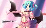  absurdres animal_ears aqua_hair blue_eyes blush bow breasts cat_ears cleavage demon_tail demon_wings drill_hair fang fingerless_gloves garter_straps garters gloves hair_bow hair_ribbon hatsune_miku headphones headset heart heart_hunter_(module) highres medium_breasts natsumiya_yuzu navel open_mouth outstretched_arms project_diva project_diva_(series) ribbon short_hair short_twintails skirt smile solo spread_arms tail thighhighs twintails vocaloid wings 