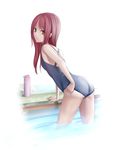  adjusting_clothes adjusting_swimsuit ass bad_id bad_pixiv_id drain_(object) from_behind highres leaning_forward long_hair looking_at_viewer looking_back maco one-piece_swimsuit original pool poolside red_hair school_swimsuit solo swimsuit thermos wading water yellow_eyes 