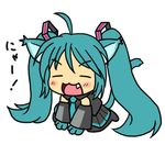  :3 ahoge all_fours animal_ears blue_hair blush cat_ears cat_paws cat_tail closed_eyes detached_sleeves fang hatsune_miku kemonomimi_mode long_hair lowres open_mouth paws skirt solo tail twintails v-shaped_eyebrows vocaloid yunkaasu_(kakushiaji) 