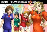  2010_fifa_world_cup 4girls black_eyes black_hair blonde_hair blush breast_envy breasts brown_eyes brown_hair cameroon clothes_writing denmark double_bun fujii_satoshi japan large_breasts long_hair multiple_girls netherlands original red_hair short_hair soccer_uniform sportswear very_long_hair world_cup 