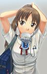  adjusting_hair bag bookbag brown_eyes brown_hair headphones highres itou_(onsoku_tassha) long_hair mouth_hold original solo 