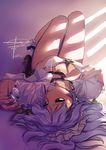  blue_eyes blue_hair bra breasts cleavage closed_mouth geister izayoi_sakuya legs lingerie lips lying maid_headdress medium_breasts nail_polish on_back open_clothes open_shirt pink_nails pocket_watch shirt short_hair signature solo touhou underwear upside-down watch 